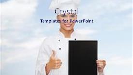  Presentation with black paper - PPT theme having cooking advertisement and food concept - smiling female chef cook or baker with blank black paper showing thumbs up background and a sky blue colored foreground