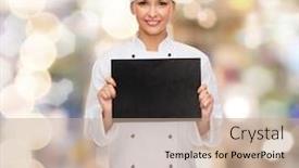  Presentation with black female - Colorful presentation theme enhanced with cooking advertisement and food concept - smiling female chef cook or baker with blank black paper backdrop and a coral colored foreground