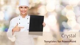  Presentation with black paper - Slide deck featuring cooking advertisement and food concept - smiling female chef pointing finger to blank black paper background and a lemonade colored foreground