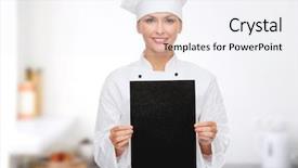  Presentation with black paper - Theme featuring cooking advertisement and food concept - smiling female chef cook or baker with blank black paper background and a sky blue colored foreground