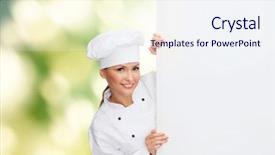  Presentation with cooking chef - Beautiful slide deck featuring cooking advertisement and food concept - smiling female chef cook or baker with white blank board backdrop and a sky blue colored foreground