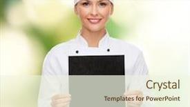  Presentation with black paper - Amazing slide set having cooking advertisement and food concept - smiling female chef cook or baker with blank black paper backdrop and a cream colored foreground