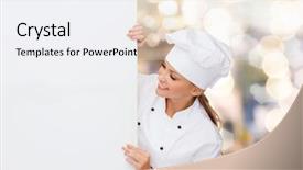  Presentation with cooking chef - Beautiful presentation theme featuring cooking advertisement and food concept - smiling female chef cook or baker with white blank board backdrop and a white colored foreground