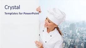  Presentation with cooking chef - Presentation theme enhanced with cooking advertisement and food concept - smiling female chef cook or baker with white blank board background and a sky blue colored foreground