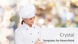  Presentation with cooking chef - Slides featuring cooking advertisement and people concept - smiling female chef cook or baker pointing finger to white blank board over holidays lights background background and a white colored foreground