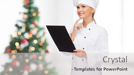  Presentation with christmas black - Presentation theme with cooking advertisement holidays and people concept - smiling female chef cook or baker with blank black menu paper thinking over living room and christmas tree background background and a light gray colored foreground
