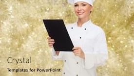  Presentation with yellow paper - Amazing theme having cooking advertisement holidays and people concept - smiling female chef cook or baker with blank black menu paper over yellow lights background backdrop and a lemonade colored foreground