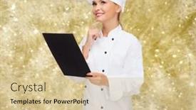  Presentation with yellow paper - Theme enhanced with cooking advertisement holidays and people concept - smiling female chef cook or baker with blank black menu paper thinking over yellow lights background background and a lemonade colored foreground
