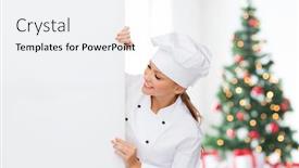  Presentation with cooking chef - Presentation enhanced with cooking advertisement holidays and people concept - smiling female chef cook or baker with white blank board over living room and christmas tree background background and a white colored foreground