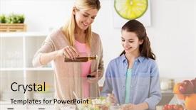  Presentation with family healthy eating - PPT theme having cooking and adding olive oil background and a lemonade colored foreground