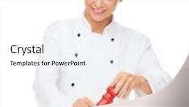  Presentation with salt food - Slide deck consisting of cooking and food concept - smiling female chef preparing salad with salt or pepper mill background and a white colored foreground