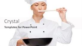  Presentation with cooking chef - Slide set featuring cooking and food concept - smiling female chef cook or baker with pan and spoon tasting food background and a sky blue colored foreground