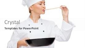  Presentation with cooking chef - Slide set with cooking and food concept - smiling female chef cook or baker with pan and spoon tasting food background and a white colored foreground