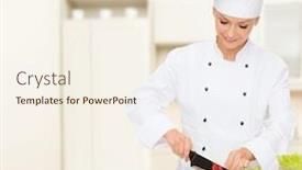  Presentation with cooking chef - Slide deck featuring cooking and food concept - smiling female chef cook or baker chopping vegetables background and a cream colored foreground