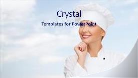  Presentation with cooking chef - Audience pleasing slide set consisting of cooking and food concept - smiling female chef cook or baker dreaming backdrop and a sky blue colored foreground