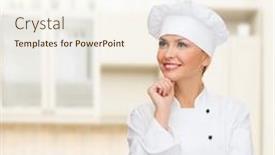  Presentation with cooking chef - PPT theme having cooking and food concept - smiling female chef cook or baker dreaming background and a cream colored foreground