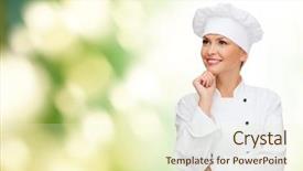  Presentation with cooking chef - Presentation design with cooking and food concept - smiling female chef cook or baker dreaming background and a soft green colored foreground