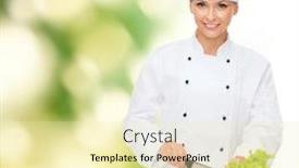  Presentation with cooking chef - Slide set having cooking and food concept - smiling female chef chopping vegetables background and a blonde colored foreground