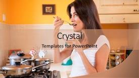  Presentation with beautiful black women smiling - Colorful slide deck enhanced with cooking and testing the food backdrop and a coral colored foreground