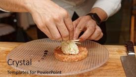  Presentation with clear cut - PPT layouts featuring cooking art - chef is decorating salmon tartare background and a coral colored foreground