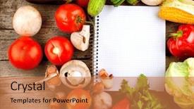  Presentation with organic cooking - Audience pleasing PPT theme consisting of cooking book - fresh organic vegetables and spices backdrop and a coral colored foreground