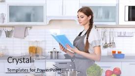  Presentation with cookbook - Colorful slide set enhanced with cooking book - young woman with cookbook backdrop and a light blue colored foreground
