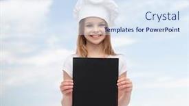  Presentation with black people - PPT layouts enhanced with cooking childhood advertisement and people concept - smiling little chef girl cook or baker with blank black paper over blue sky and grass background background and a sky blue colored foreground