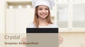  Presentation with black people - Audience pleasing slides consisting of cooking childhood advertisement and people concept - smiling little chef girl cook or baker with blank black paper over kitchen background backdrop and a lemonade colored foreground