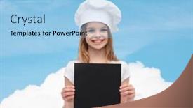  Presentation with black people - Theme enhanced with cooking childhood advertisement and people concept - smiling little chef girl cook or baker with blank black paper over blue sky with cloud background background and a light blue colored foreground