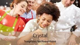  Presentation with culinary - PPT layouts featuring cooking class culinary bakery food and people concept - happy group of friends and male chef cook baking in kitchen over snow effect background and a coral colored foreground