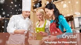  Presentation with culinary - Audience pleasing theme consisting of cooking class culinary bakery food and people concept - happy group of women and male chef cook baking muffins in kitchen over snow effect backdrop and a coral colored foreground