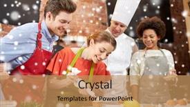  Presentation with culinary - Cool new slides with cooking class culinary bakery food and people concept - happy group of friends and male chef cook baking in kitchen over snow effect backdrop and a coral colored foreground