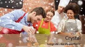  Presentation with culinary - PPT theme consisting of cooking class culinary bakery food and people concept - happy group of friends and male chef cook baking in kitchen over snow effect background and a coral colored foreground