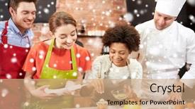  Presentation with culinary - Slide deck featuring cooking class culinary bakery food and people concept - happy group of friends and male chef cook baking in kitchen over snow effect background and a coral colored foreground
