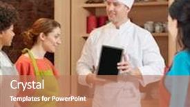  Presentation with food technology - Colorful presentation enhanced with cooking class culinary food technology and people concept - happy women with chef cook showing blank tablet pc screen in kitchen backdrop and a coral colored foreground