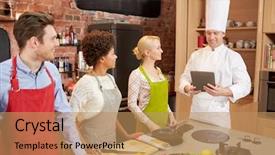 Presentation with food technology - Colorful presentation design enhanced with cooking class culinary food technology and people concept - happy friends with tablet pc in kitchen backdrop and a coral colored foreground