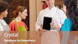  Presentation with food technology - Slide set consisting of cooking class culinary food technology and people concept - happy women with chef cook showing blank tablet pc screen in kitchen background and a coral colored foreground