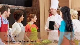  Presentation with food technology - Colorful presentation design enhanced with cooking class culinary food technology and people concept - happy friends with chef cook showing blank tablet pc screen in kitchen backdrop and a coral colored foreground