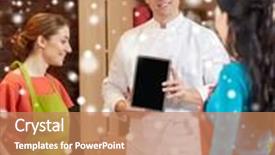  Presentation with food technology - PPT layouts featuring cooking class culinary food technology and people concept - happy women with chef cook showing blank tablet pc screen in kitchen over snow effect background and a coral colored foreground