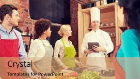  Presentation with food technology - Colorful PPT theme enhanced with cooking class culinary food technology and people concept - happy friends with tablet pc in kitchen backdrop and a coral colored foreground