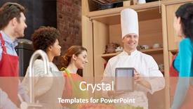  Presentation with food technology - Beautiful PPT layouts featuring cooking class culinary food technology and people concept - happy friends with tablet pc in kitchen backdrop and a coral colored foreground