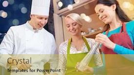  Presentation with culinary - Beautiful PPT layouts featuring cooking class culinary food and people concept - happy group of women and male chef cook cooking in kitchen backdrop and a yellow colored foreground