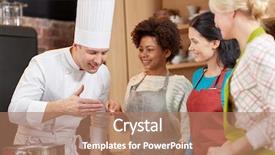  Presentation with culinary - Presentation having cooking class culinary food and people concept - happy group of women and male chef cook cooking in kitchen background and a coral colored foreground