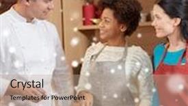  Presentation with culinary - Beautiful slide set featuring cooking class culinary food and people concept - happy group of women and male chef cook cooking in kitchen over snow effect backdrop and a coral colored foreground