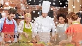  Presentation with cooking chef - Slides having cooking class culinary food and people concept - happy group of friends and male chef cook cooking in kitchen over snow effect background and a coral colored foreground