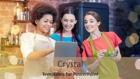  Presentation with food technology - Presentation design consisting of cooking class friendship food technology and people concept - happy women with tablet pc computer in kitchen background and a coral colored foreground