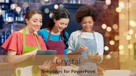  Presentation with food technology - Colorful theme enhanced with cooking class friendship food technology and people concept - happy women with tablet pc computer in kitchen backdrop and a coral colored foreground