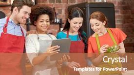  Presentation with food technology - Beautiful slide deck featuring cooking class friendship food technology and people concept - happy friends with tablet pc computer in kitchen backdrop and a coral colored foreground