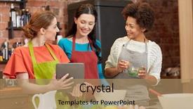  Presentation with food technology - Slide set enhanced with cooking class friendship food technology and people concept - happy women with tablet pc computer in kitchen background and a coral colored foreground