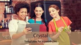  Presentation with food technology - Beautiful theme featuring cooking class friendship food technology and people concept - happy women with tablet pc computer in kitchen backdrop and a coral colored foreground